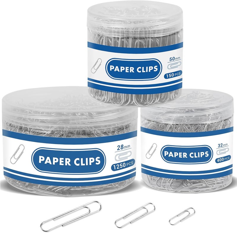 BainGesk 1800 Paper Clips Assorted Sizes Large, Medium and Small, Durable and Rustproof, Paperclips for Office School and Personal Use, Office Supplies Document Organizing (50mm, 33mm, 28mm) (Silver) - Image 1